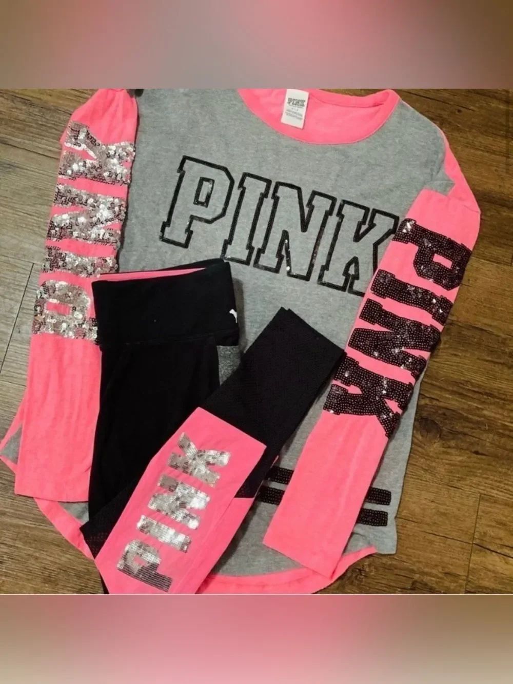 PINK VS NEON COLORBLOCK BLING TSHIRT / LEGGINGS OUTFIT SET S